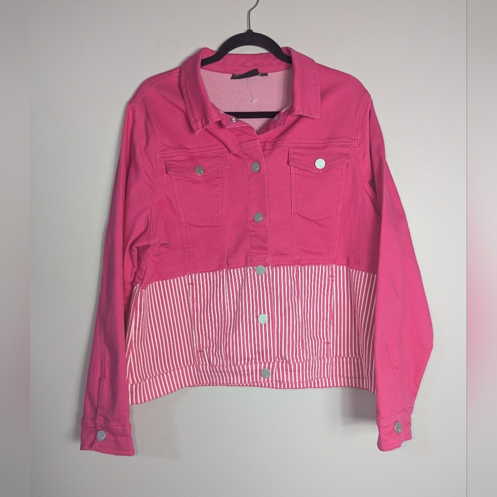 XL DG2 by Diane Gilman Pink Striped Stretchy Jean Jacket